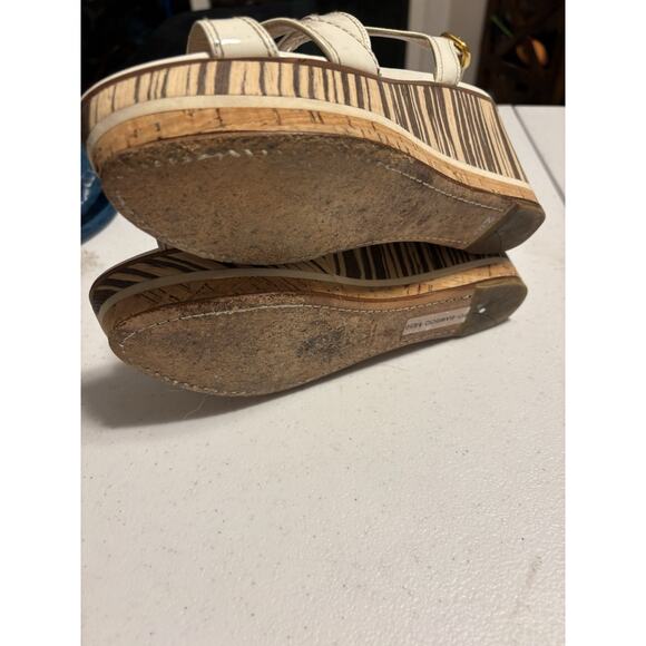 Prada Wedge Sandals 38 Beige Brown Wooden Leather Wedge Platform Slingback - Picture 10 of 12